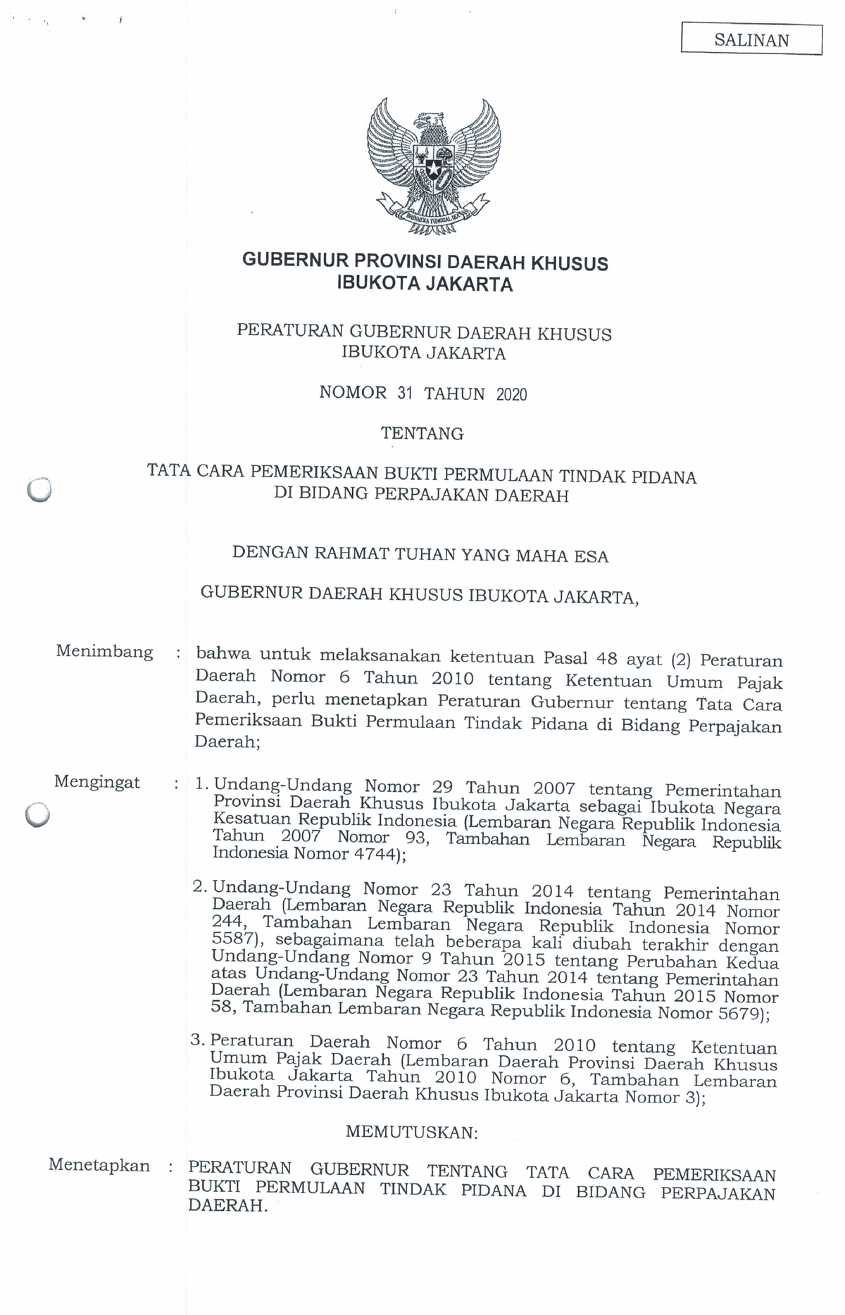 Pergub Peraturan Gubernur Nomor 31 Tahun 2020 Tentang Tata Cara ...