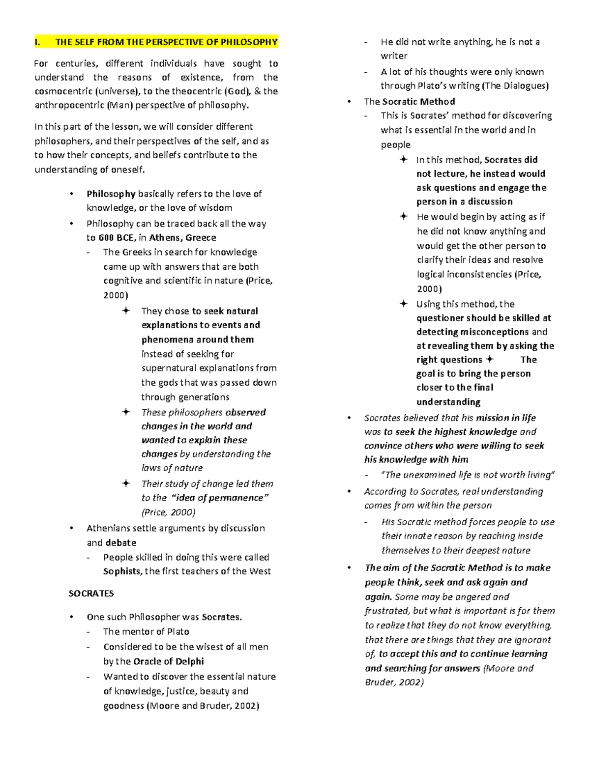 UTS- Reviewer for Chapter 1 to chapter 4 - I. THE SELF FROM THE ...