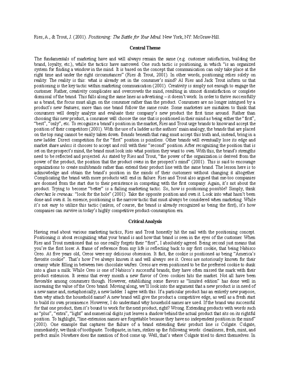 Positioning - Reading Notes - Ries, A., Trout, J. (2001). Positioning 