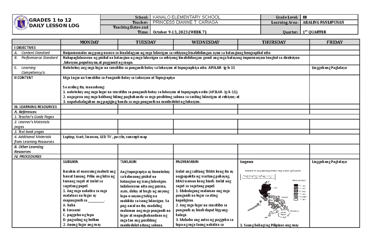 DLL Araling Panlipunan 3 Q1 W7 - GRADES 1 to 12 DAILY LESSON LOG School ...