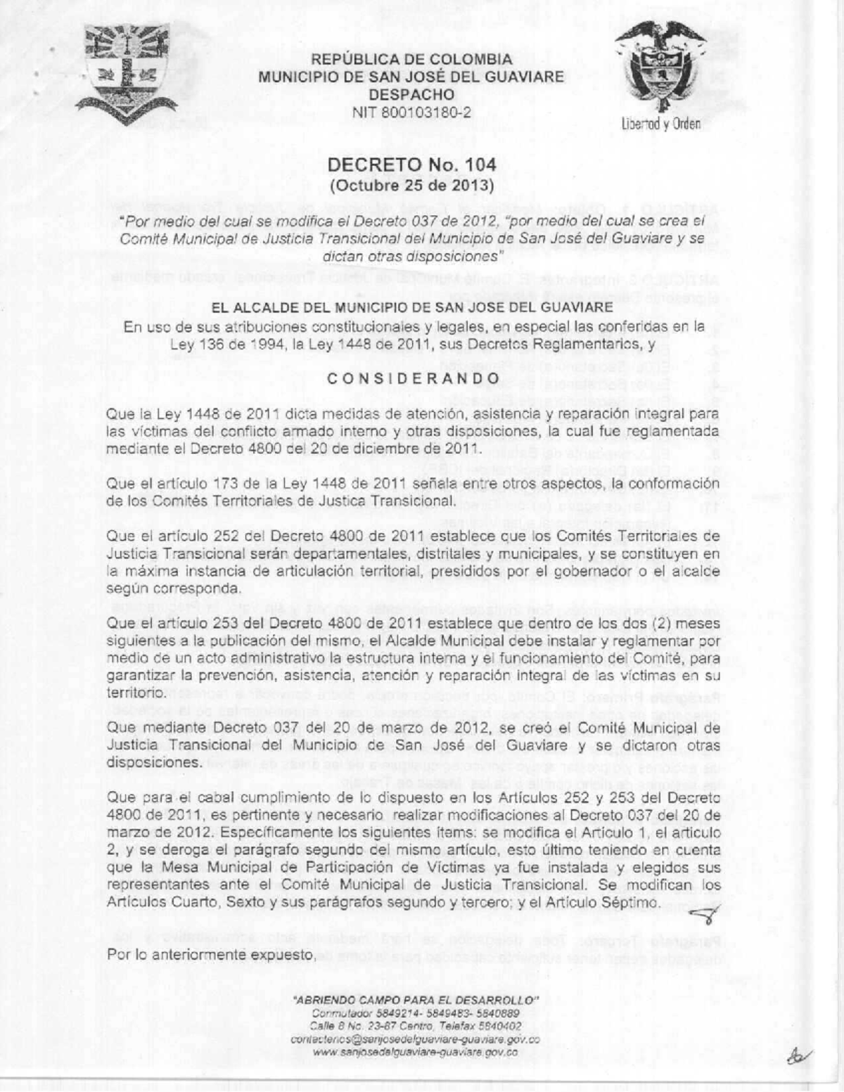 Decreto 104 Creacion Comite CMJT. - REPUBLICA DE COLOMBIA MUNICIPIO DE ...