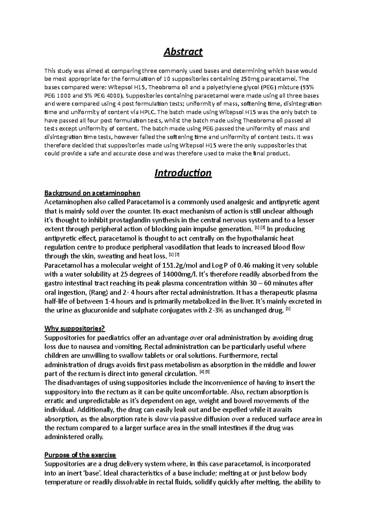 Formulation Of Paracetamol Suppositories - Abstract This Study Was ...