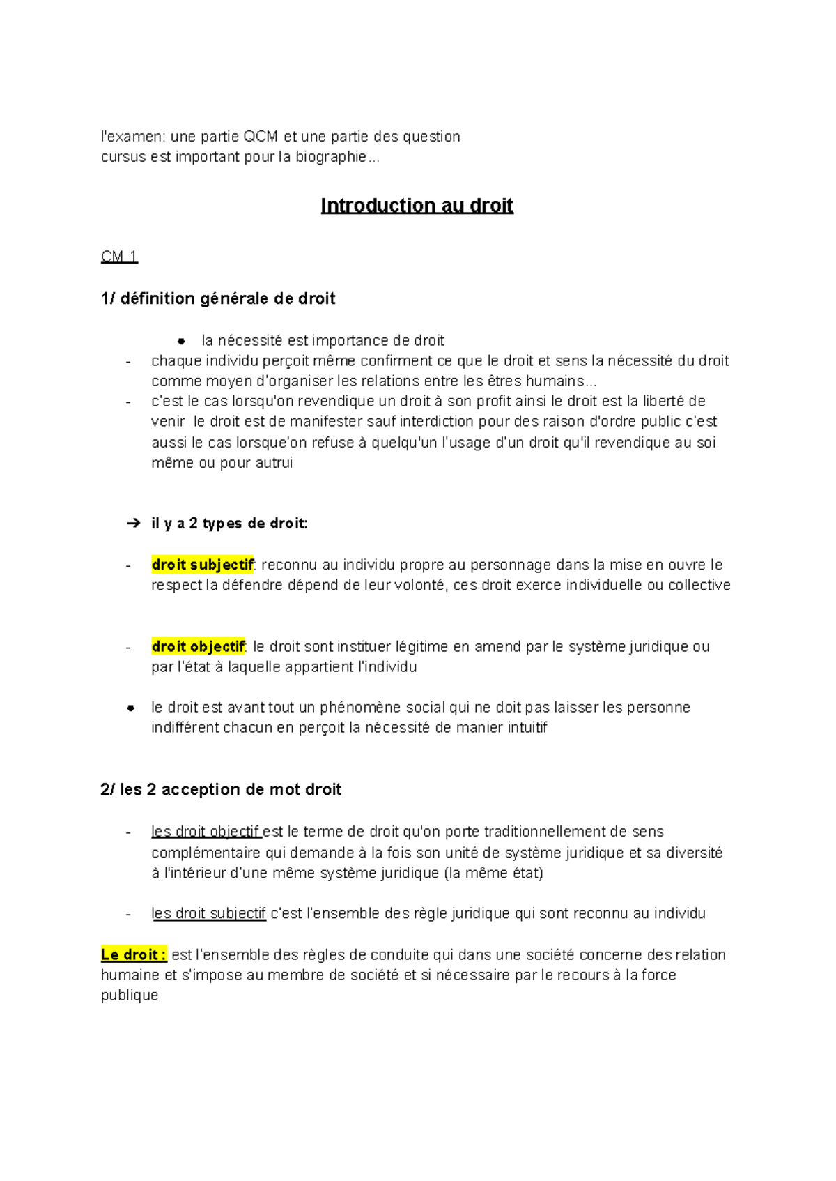 Introduction Au Droit Fiche L Examen Une Partie Qcm Et Une Partie