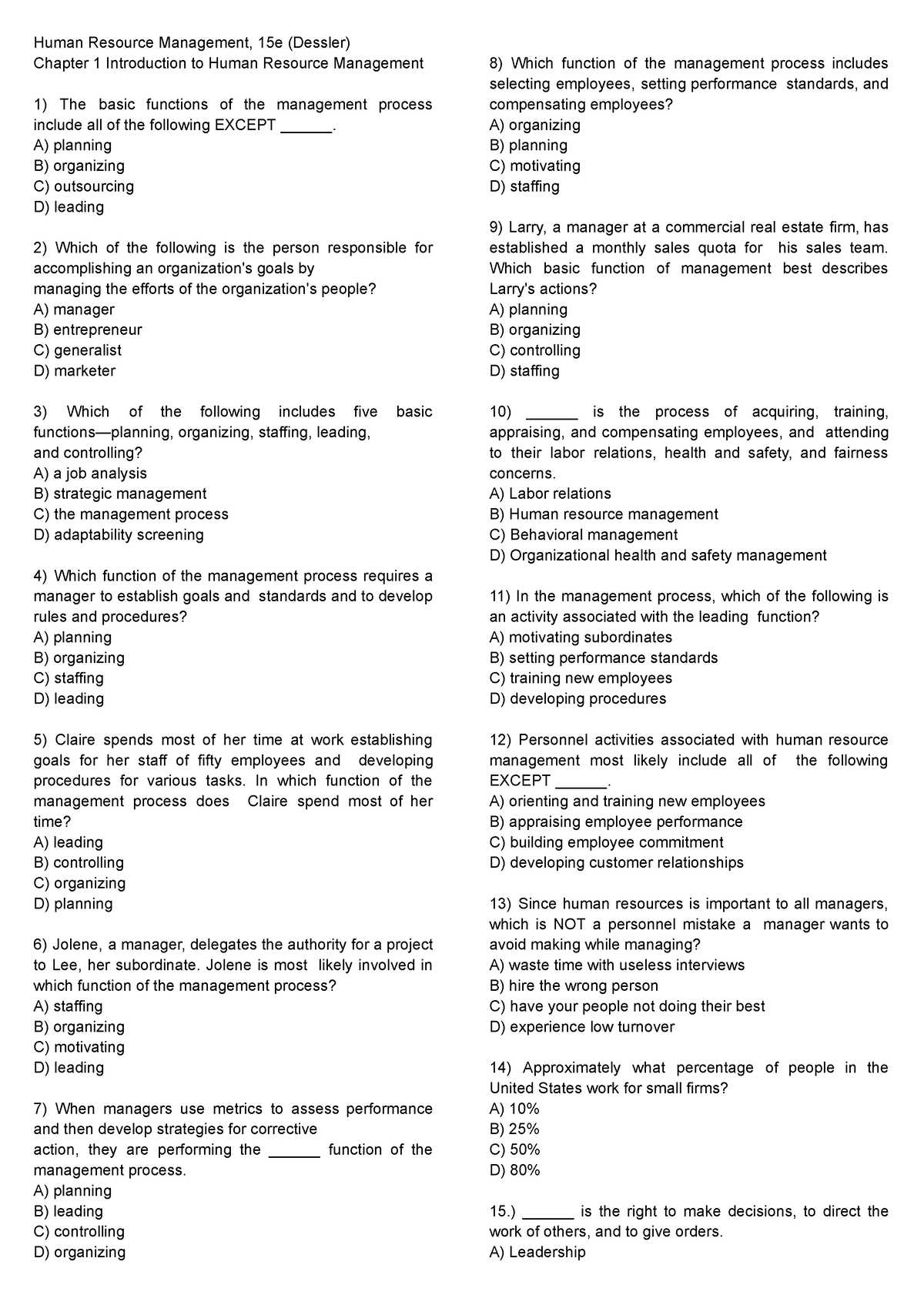 Chra Review Question - Human Resource Management, 15e (Dessler) Chapter ...