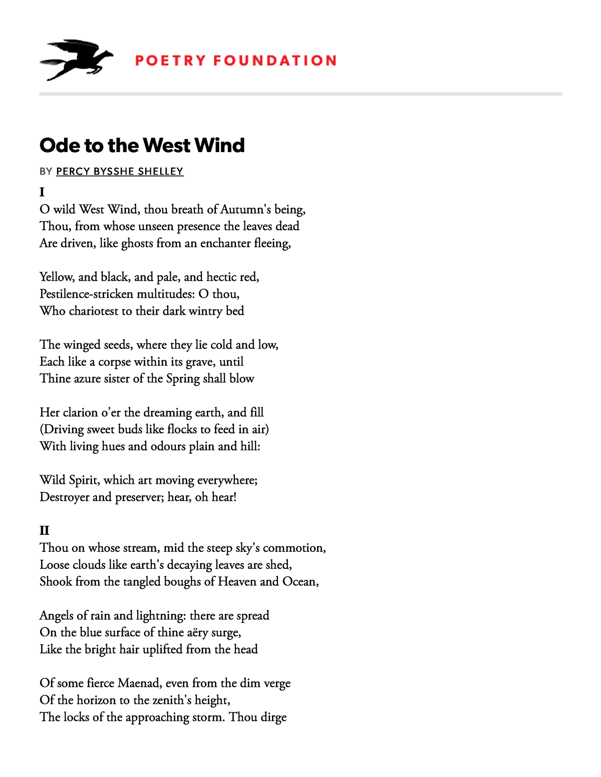 Ode to the West Wind by Percy Bysshe Shelley Poetry Foundation - Ode to ...