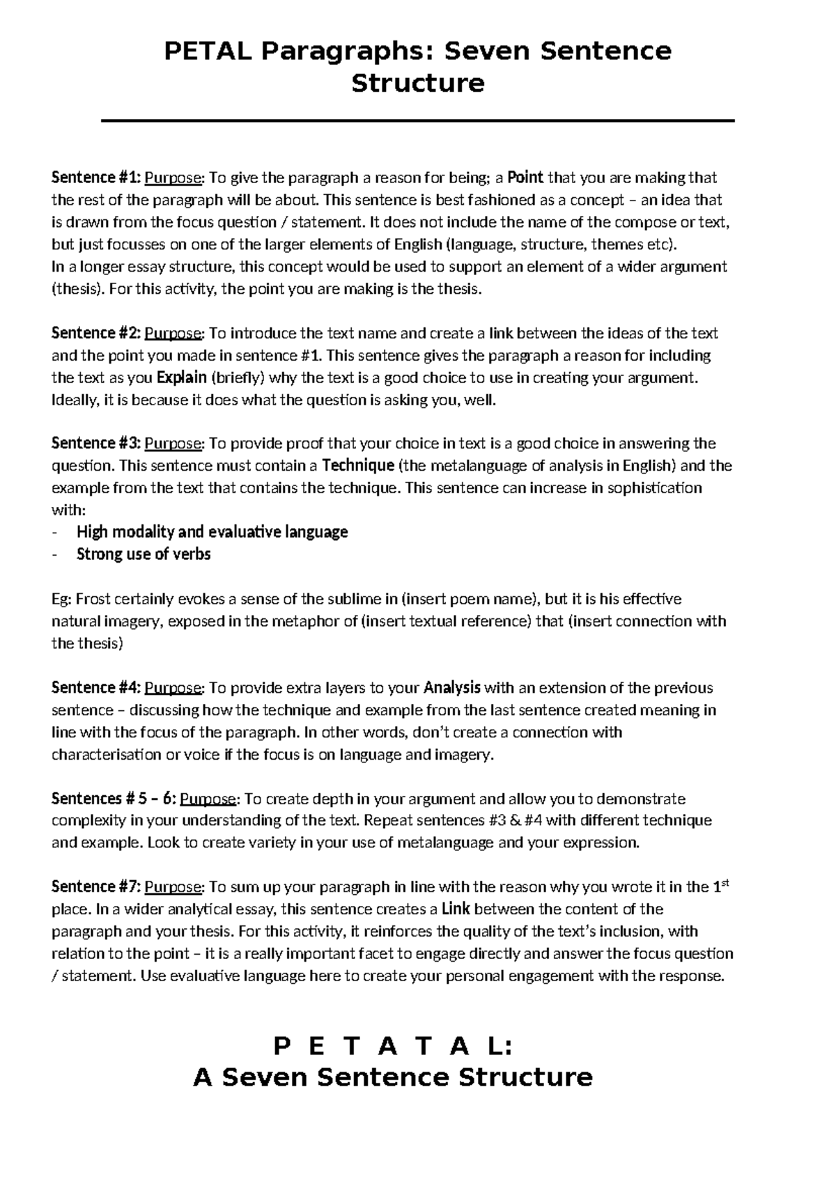 Petal Paragraphs PETAL Paragraphs Seven Sentence Structure Sentence