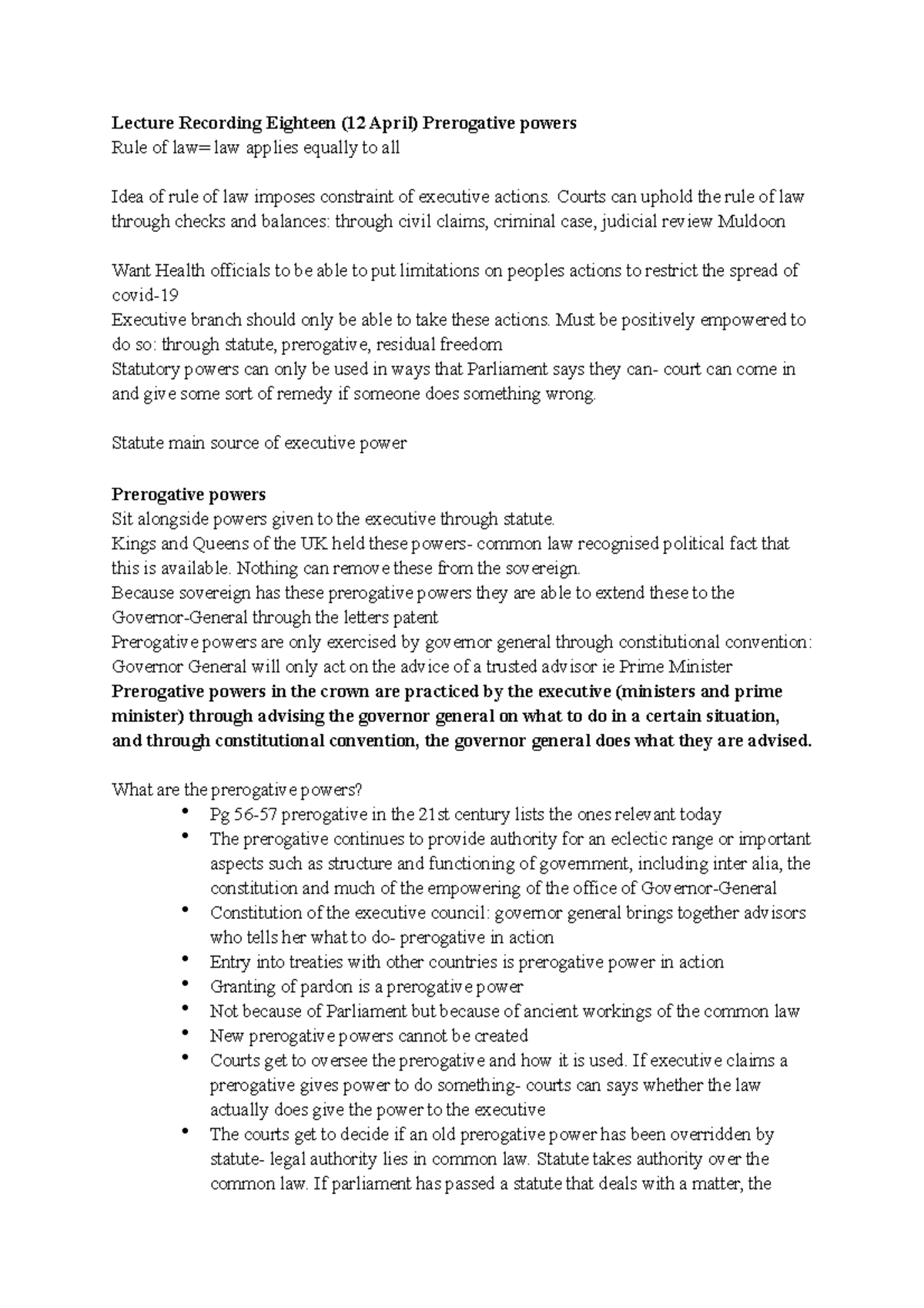 LAWS204 Prerogative Powers - Lecture Recording Eighteen (12 April ...