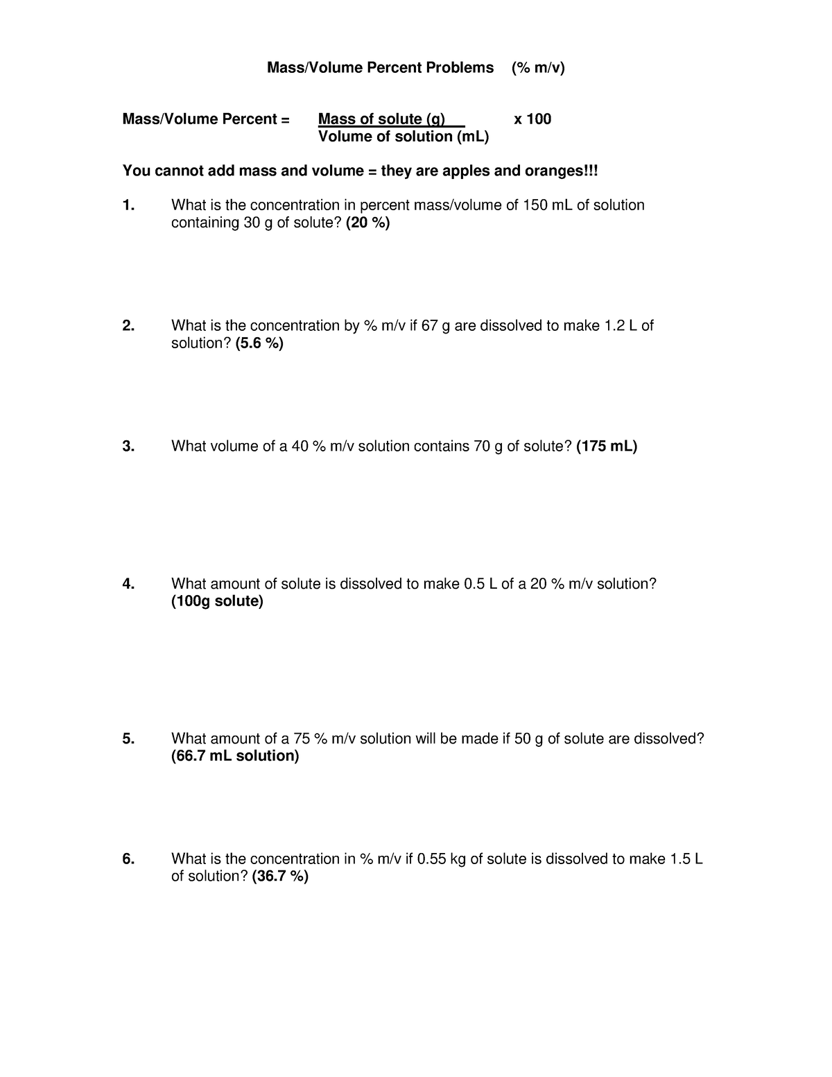 Mass volume percent problems - Mass/Volume Percent Problems (% m/v ...