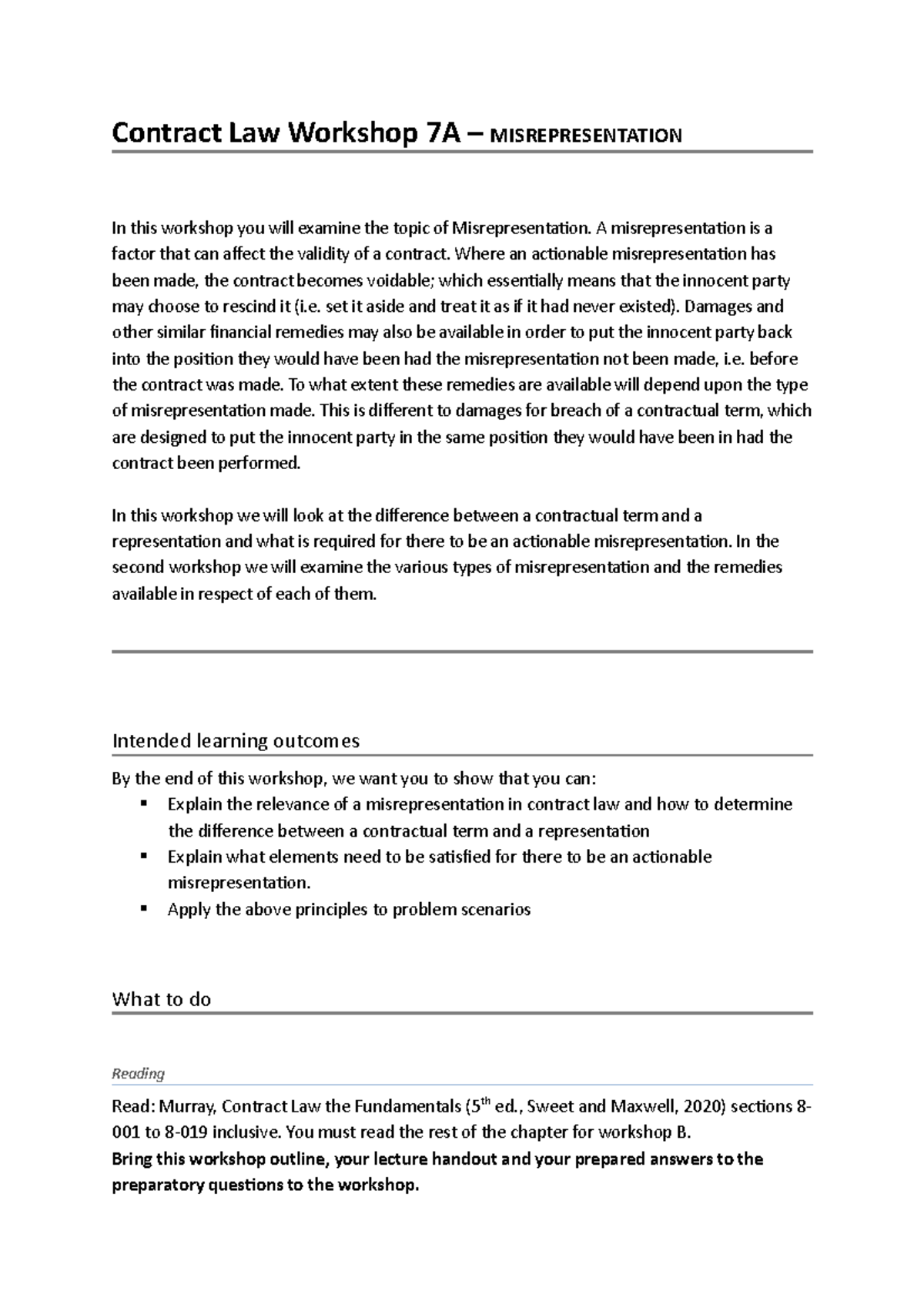 Contract Law Misrepresentation - Contract Law Workshop 7A ...