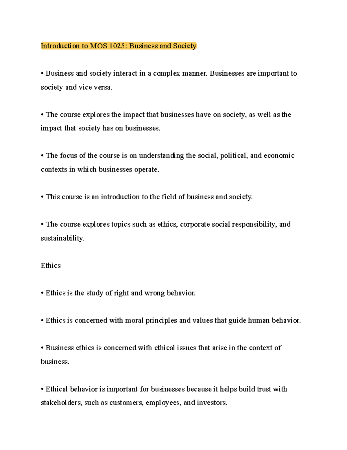 MOS 1023 Unit 1 - Unit 1 notes - Introduction to MOS 1025: Business and ...