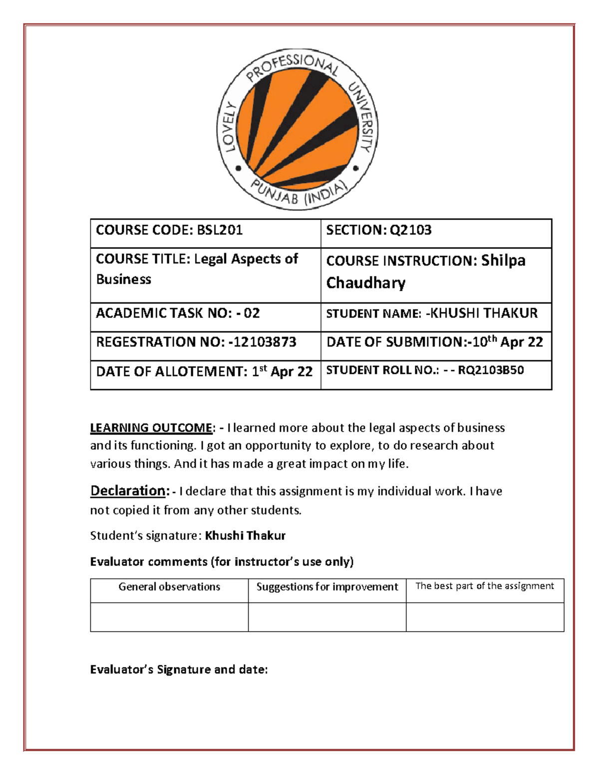 Khushi Thakur Solution - COURSE CODE: BSL201 SECTION: Q COURSE TITLE ...