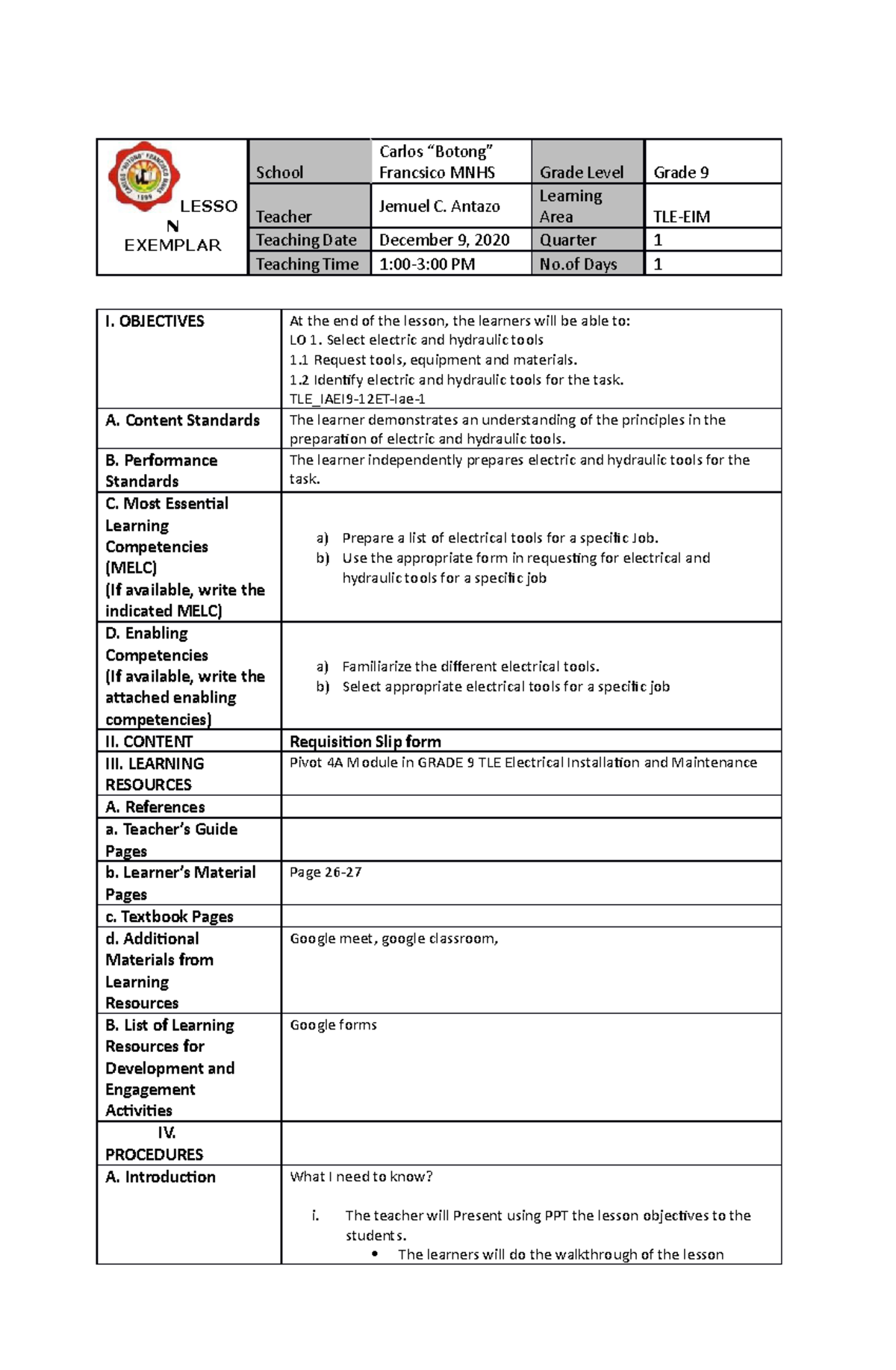 Jemuel classroom observation tool - LESSO N EXEMPLAR School Carlos ...