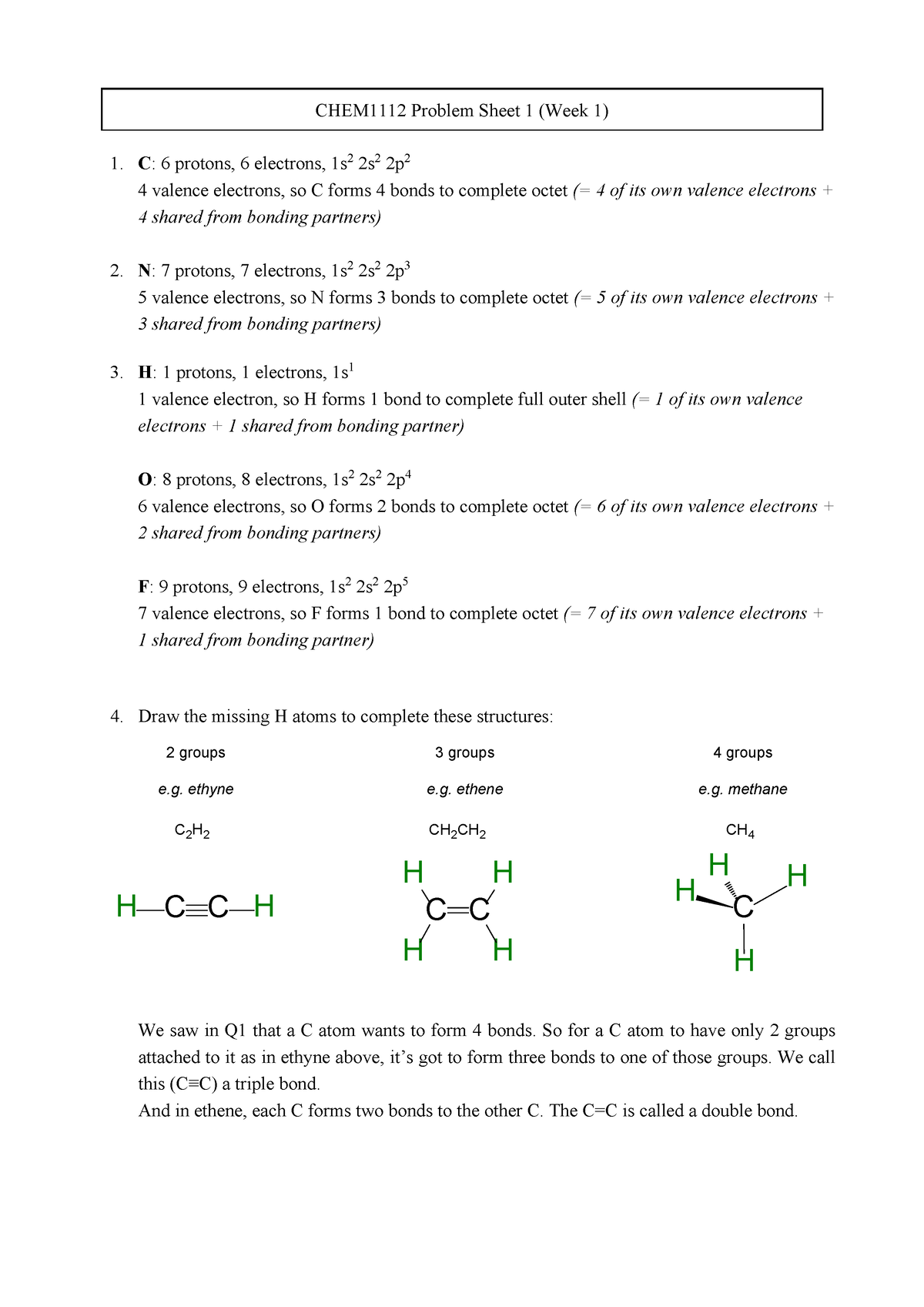 Homework 01 - Answers - CHEM1112 Problem Sheet 1 (Week 1) 1. C: 6 ...