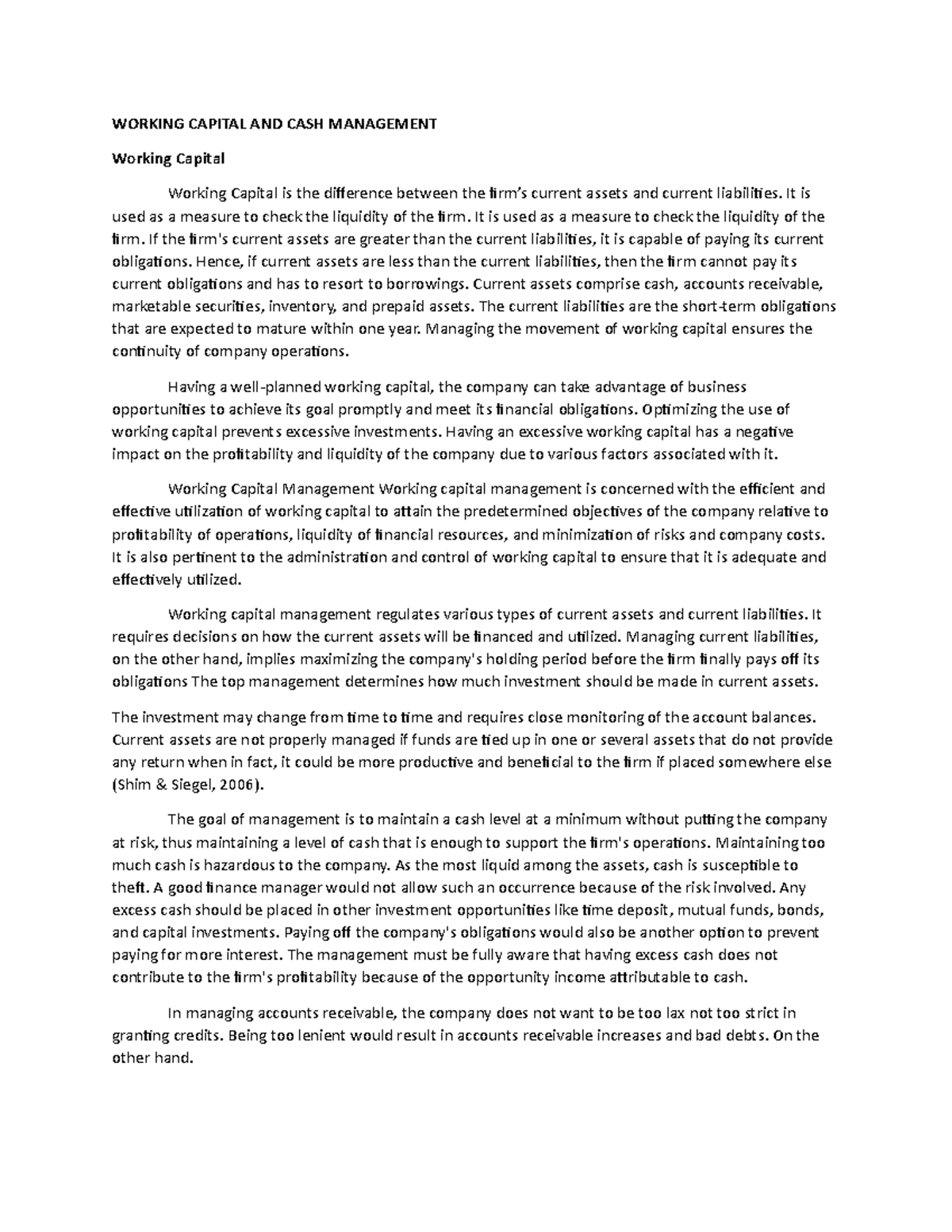 Working Capital AND CASH Management - WORKING CAPITAL AND CASH ...