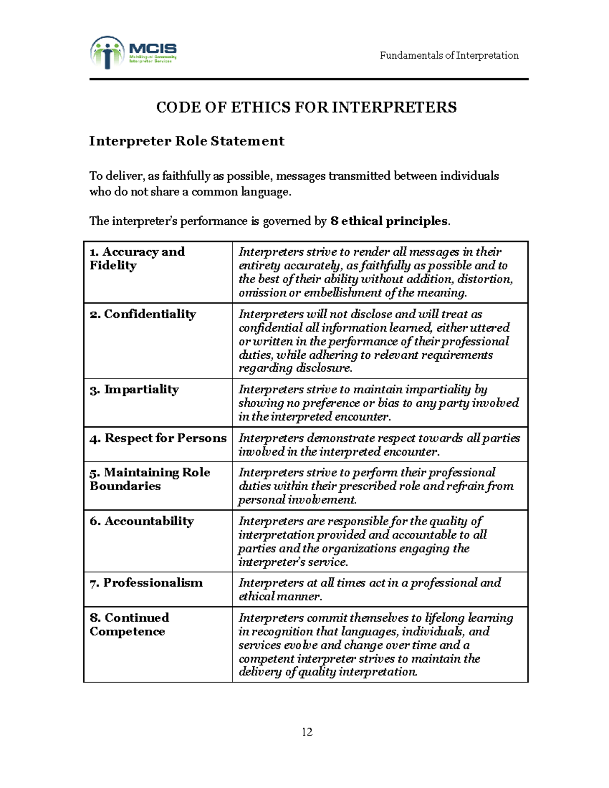 Interpreting Ethics - CODE OF ETHICS FOR INTERPRETERS Interpreter Role ...