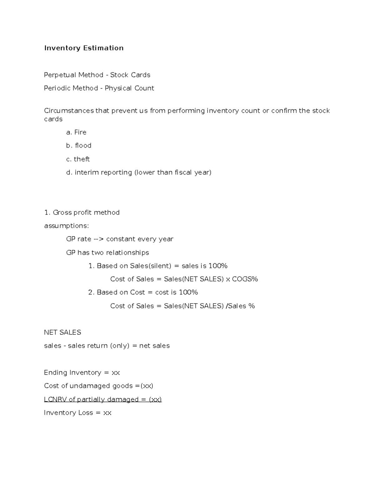 Inventory Estimation n.a Inventory Estimation Perpetual Method