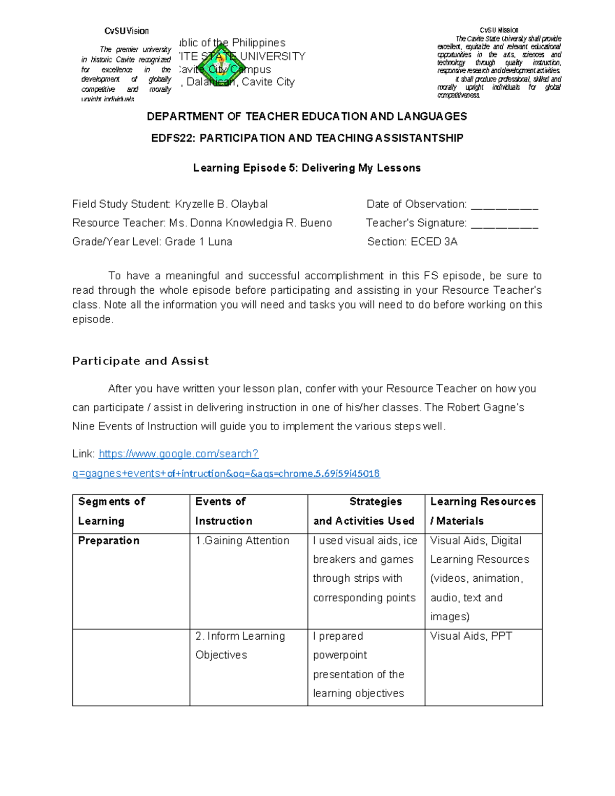 LEp-5-Activity - The Cavite State University shall provide excellent ...