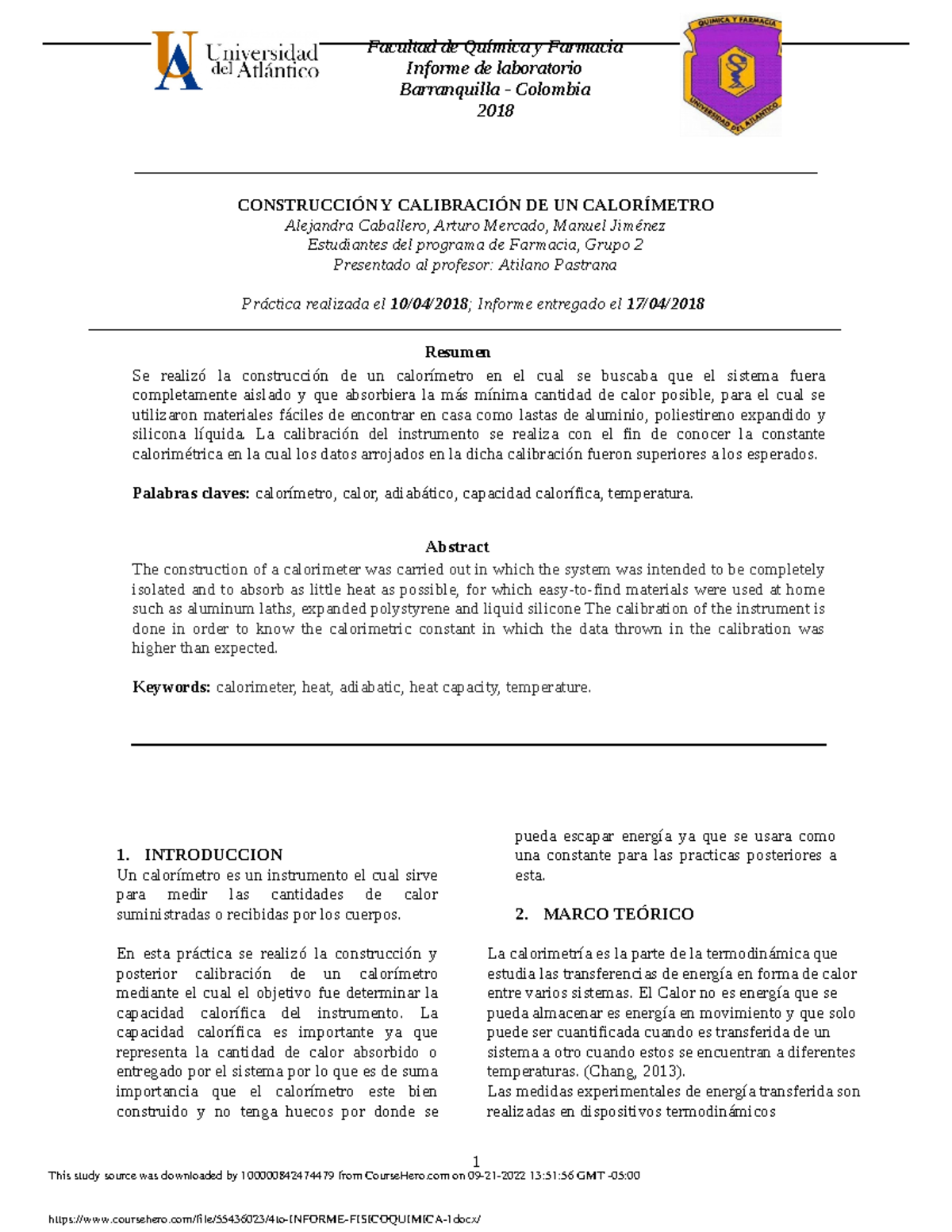 4to Informe Fisicoquimica 1 Facultad De Química Y Farmacia Informe De