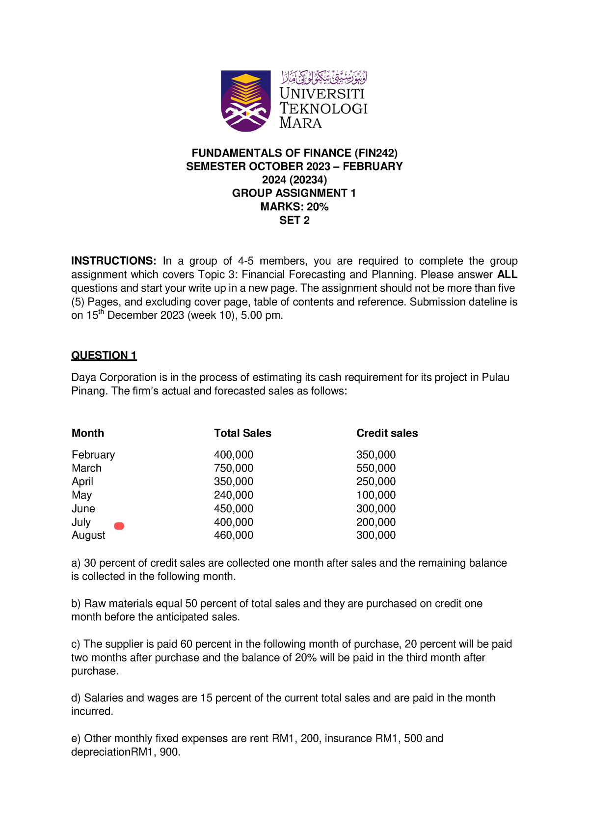 Assignment 1 FIN242 SET 2 FUNDAMENTALS OF FINANCE FIN242 SEMESTER   Thumb 1200 1696 