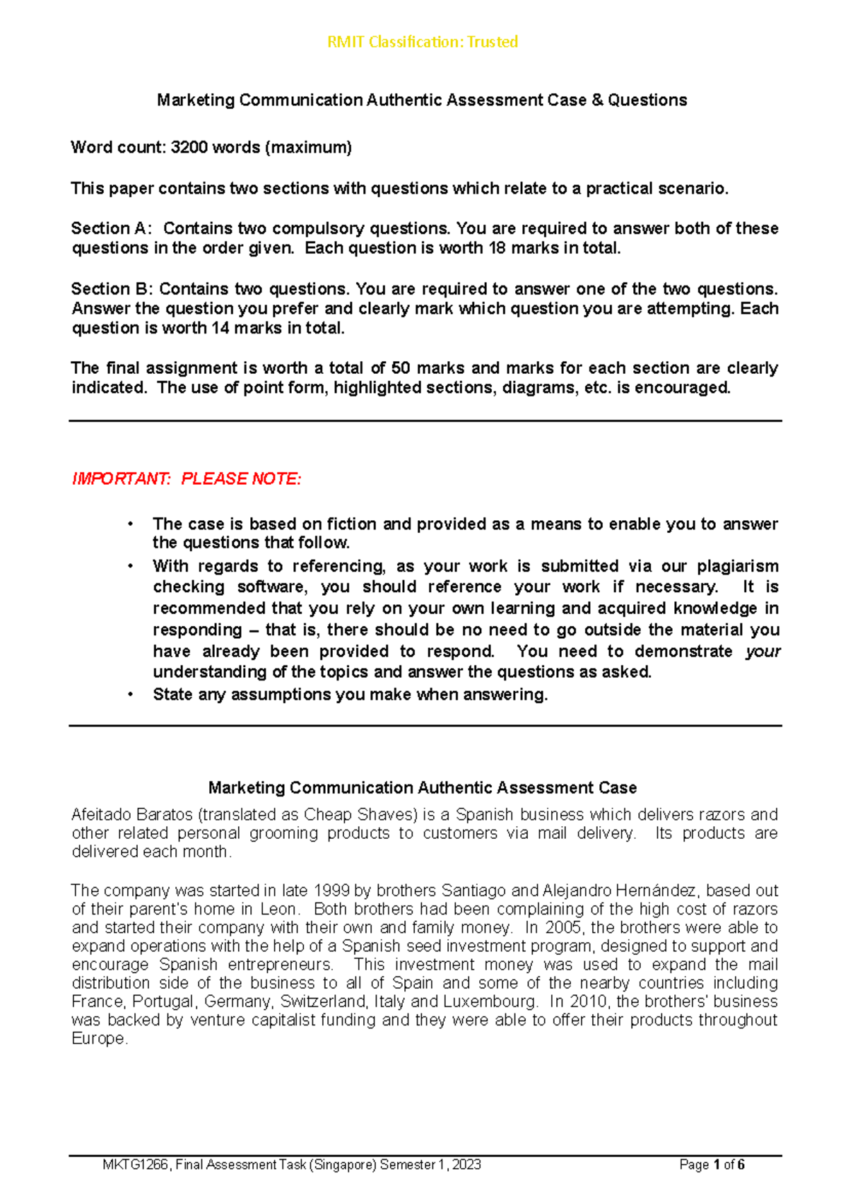 MKTG 1266 Final Assessment Paper - Marketing Communication Authentic ...