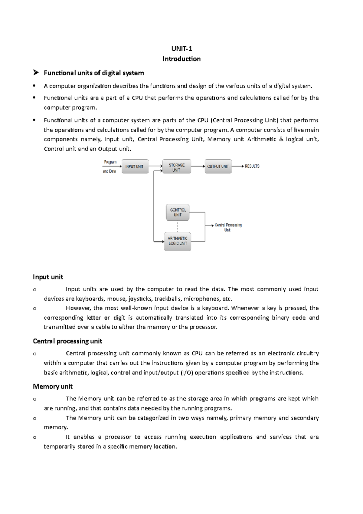 Coa notes - UNIT- Introduction Functional units of digital system A ...