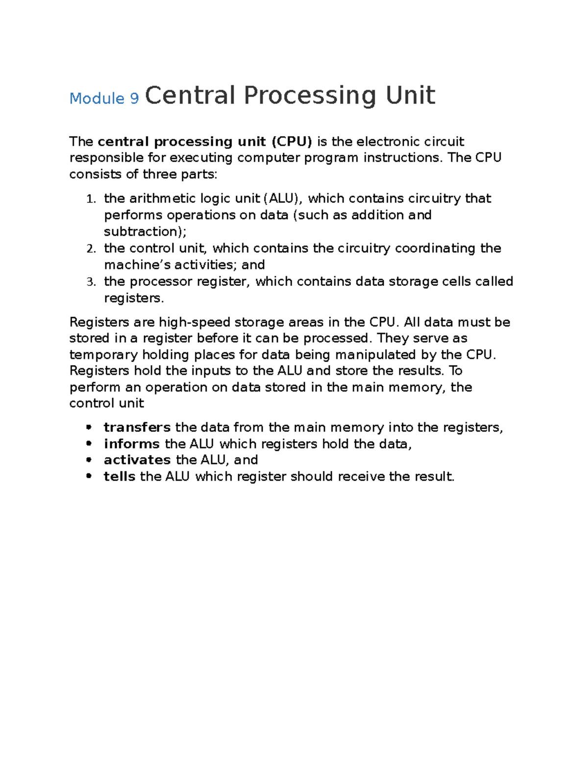Module 9 Components of Computer Hardware - Module 9 Central Processing ...