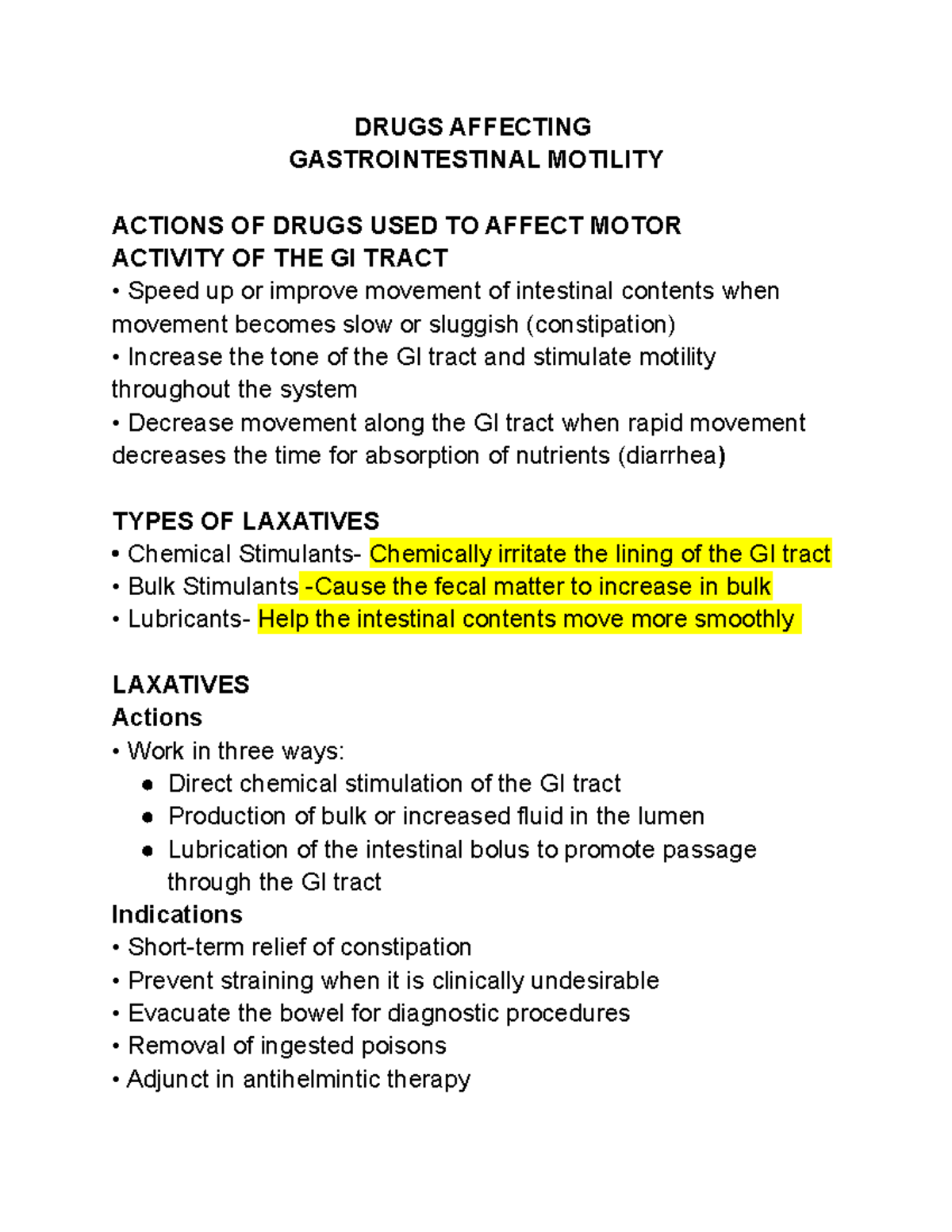 Gastrointestinal Motility DRUGS AFFECTING GASTROINTESTINAL MOTILITY