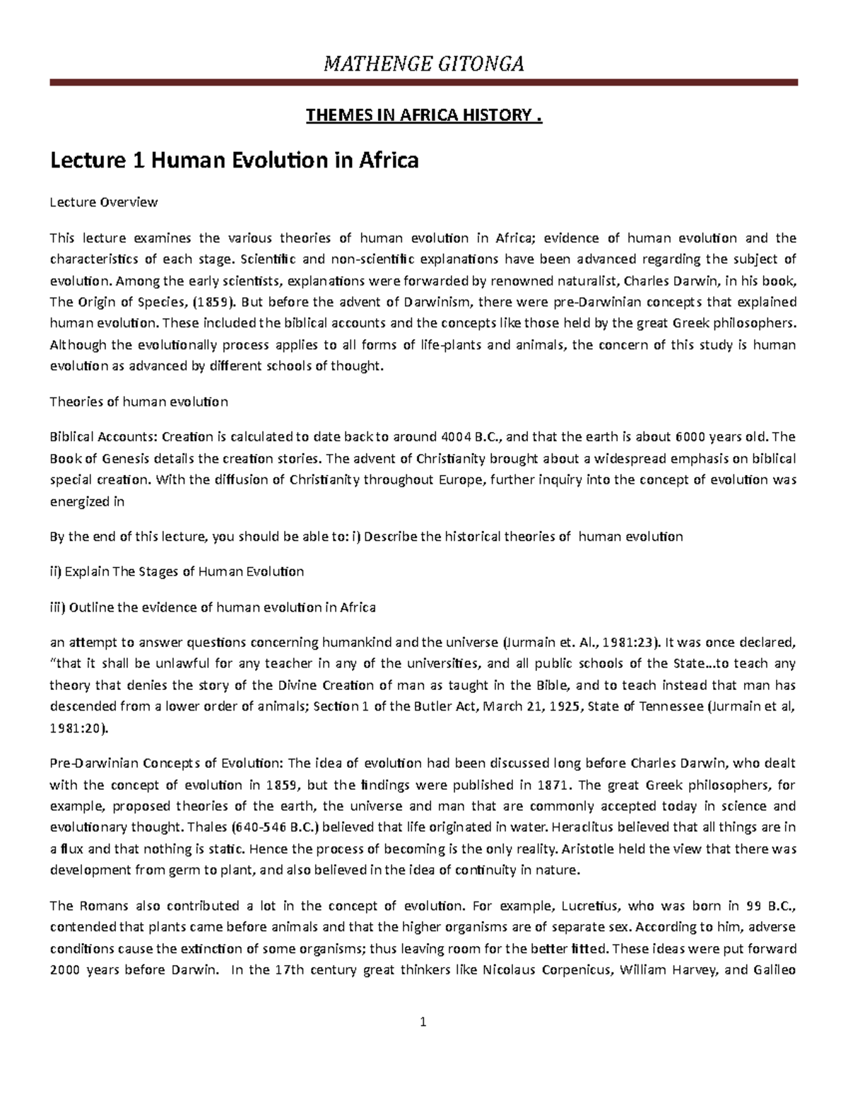 Themes IN Africa History THEMES IN AFRICA HISTORY. Lecture 1 Human