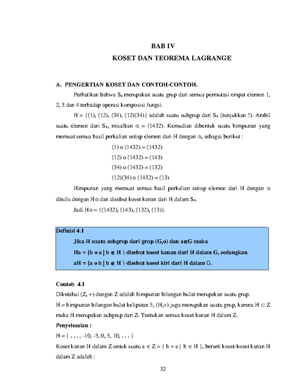 BAB 4- Koset DAN Teorema Lagrange - 32 BAB IV KOSET DAN TEOREMA ...
