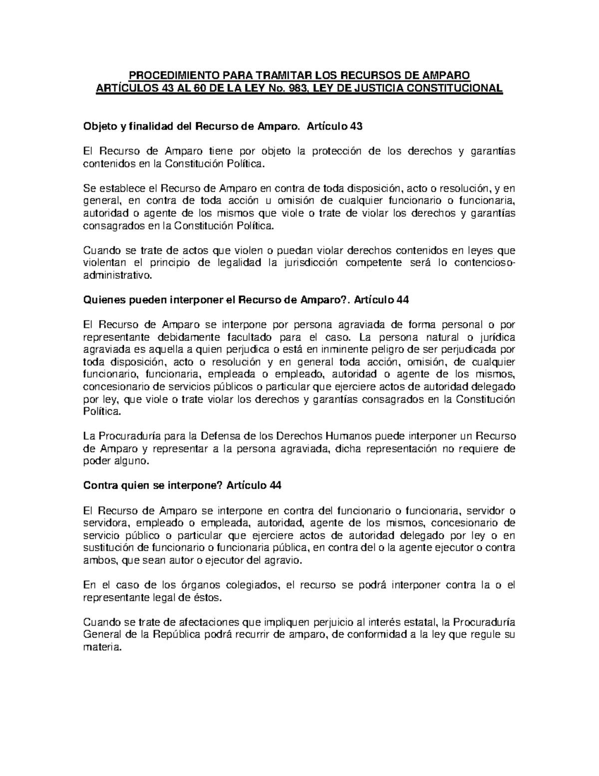 Amparo PROCEDIMIENTO PARA TRAMITAR LOS RECURSOS DE AMPARO ARTÍCULOS