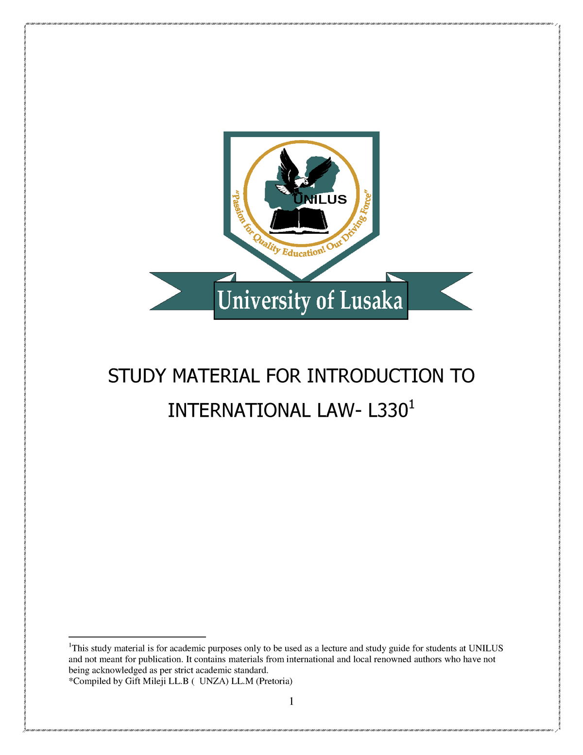 International Law Lecture Notes - STUDY MATERIAL FOR INTRODUCTION TO ...