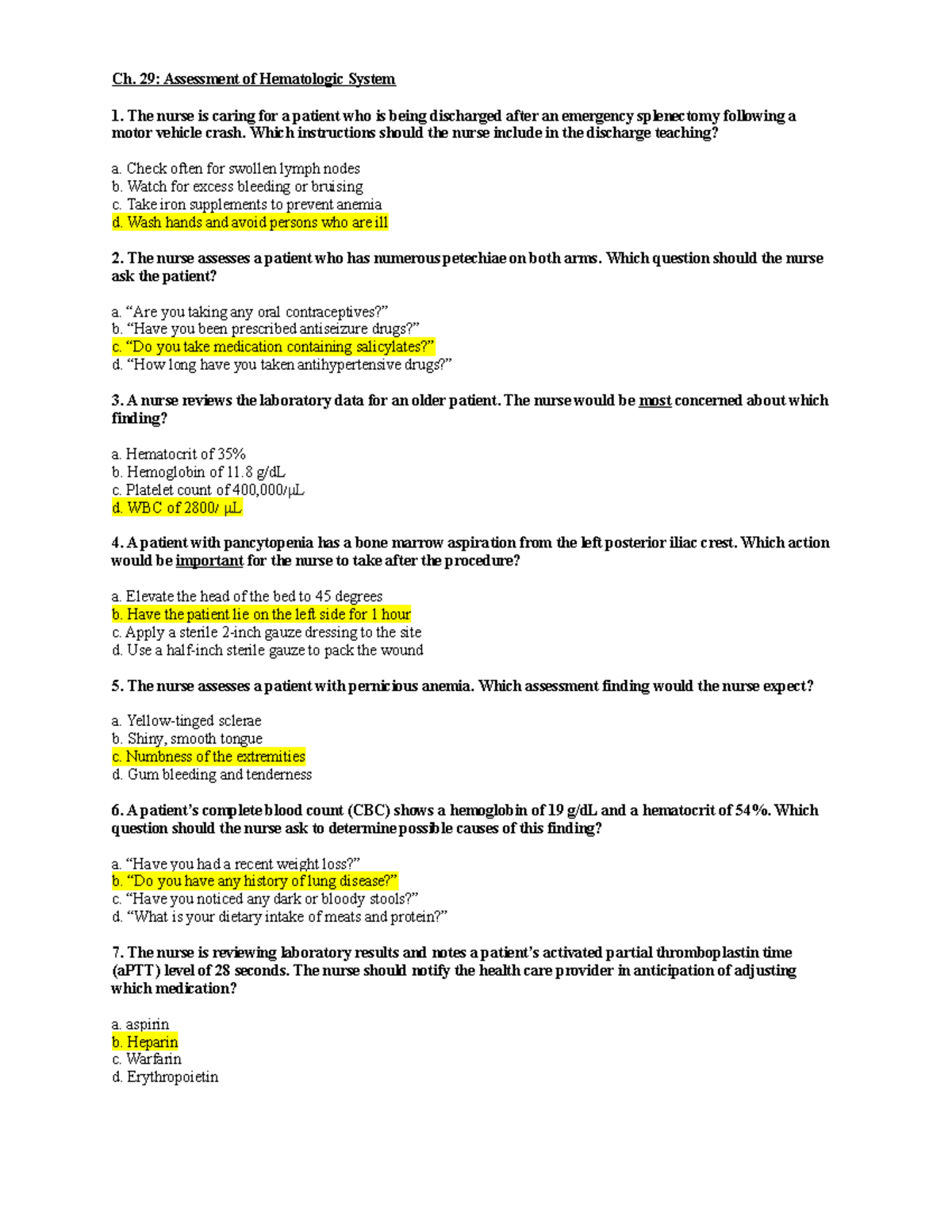 Chapter 29- Assessment Of Hemotologic System Testbank Answer Key - Ch ...