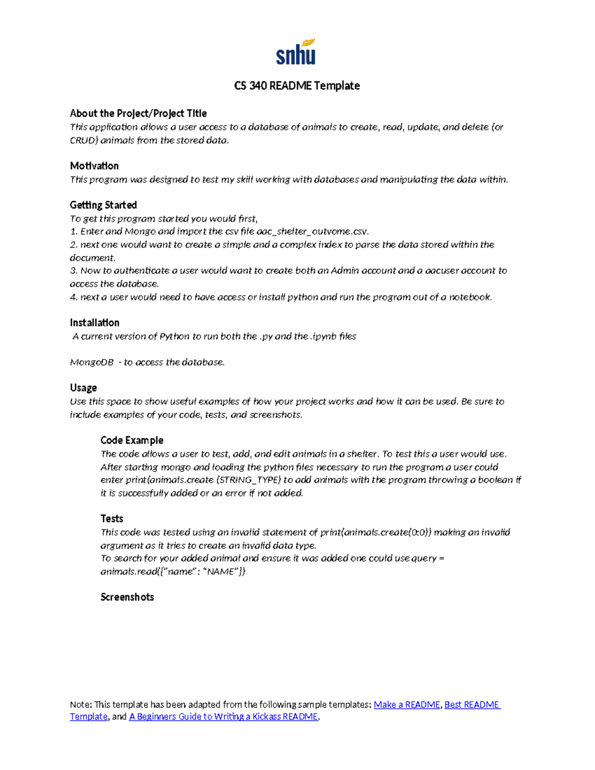 Ed - CS340 - 4-2 Assignment Anatomy of a Readme - CS 340 README ...