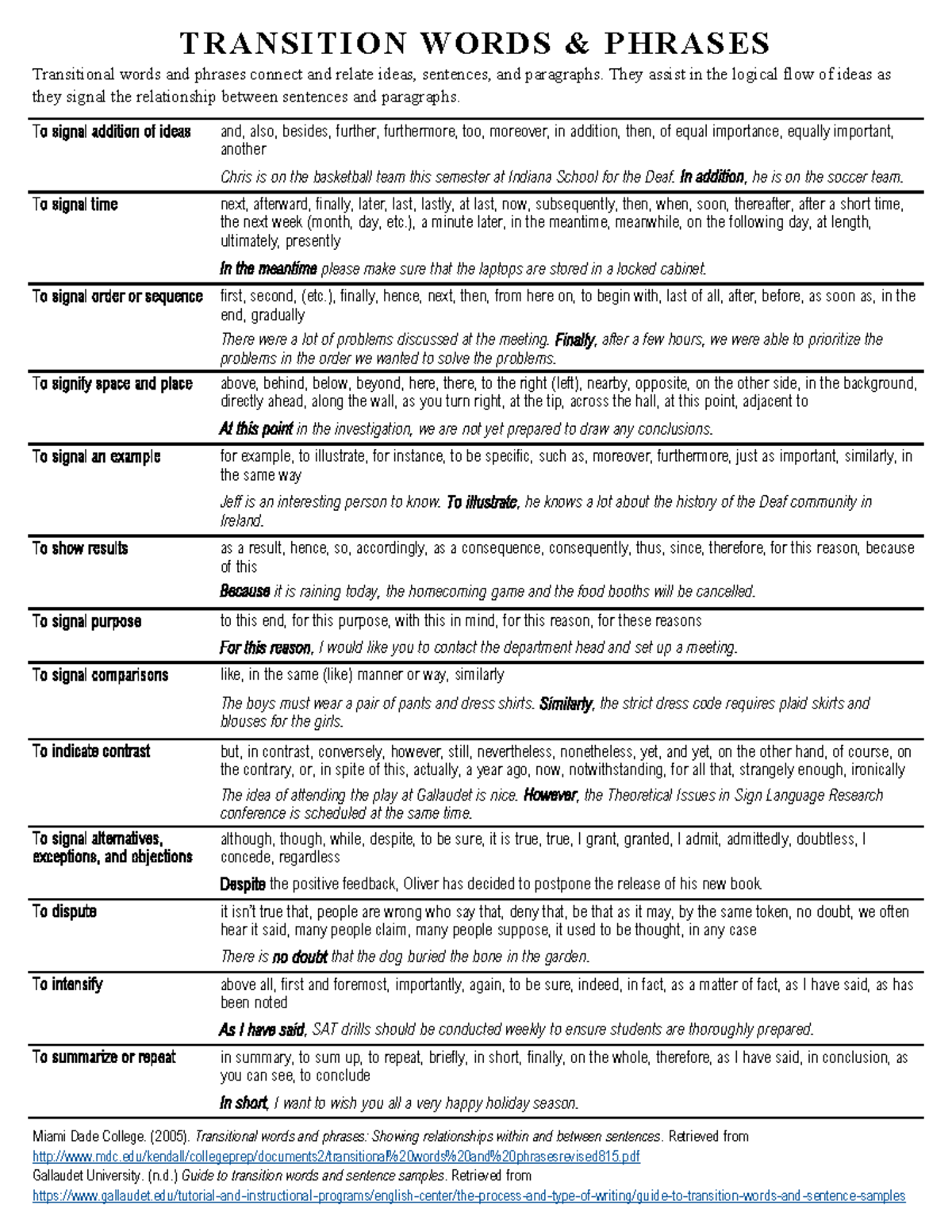 Transition Words and Phrases Handouts - T R A N S I TI O N W O R D S ...