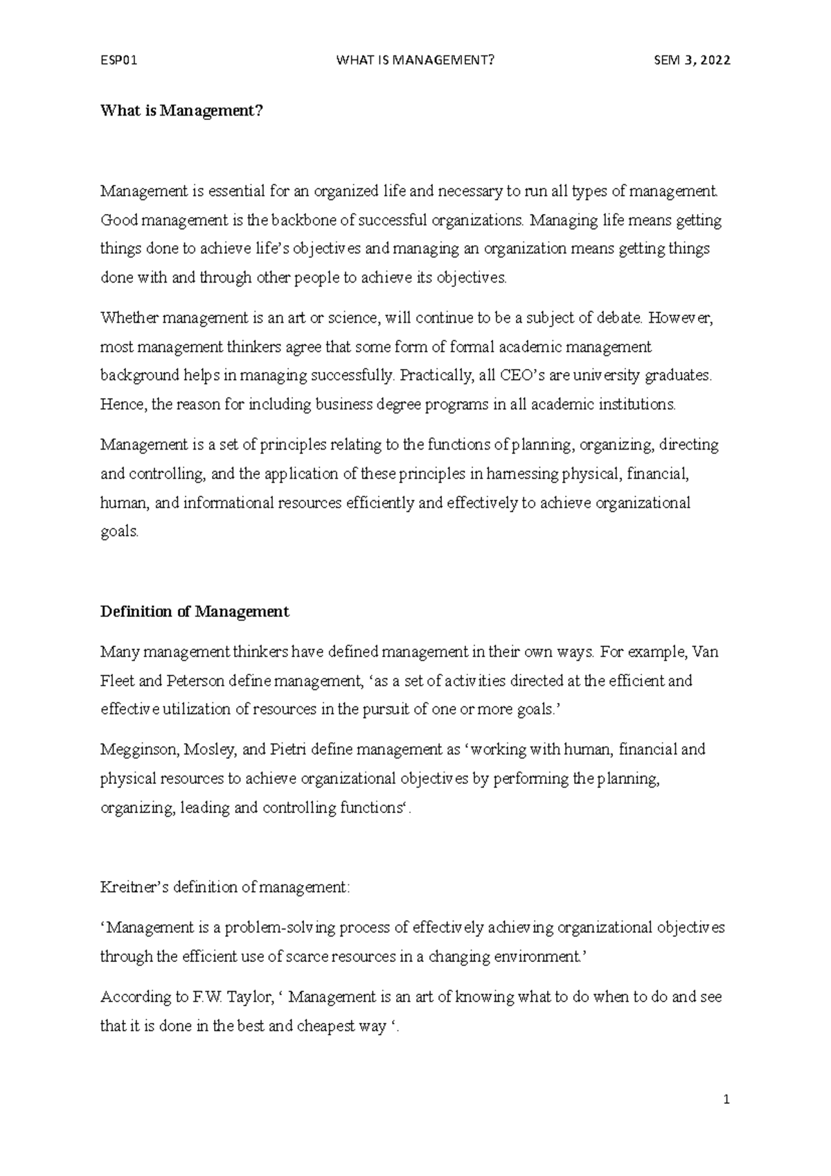 essay on what is management