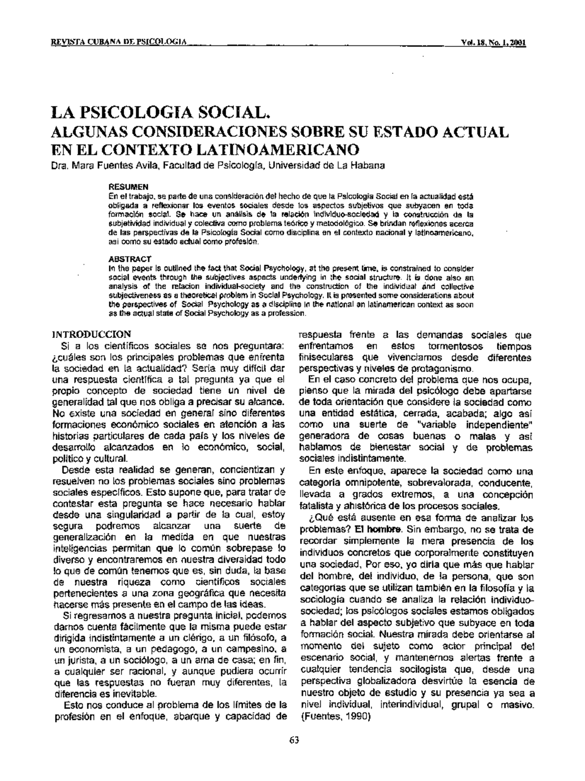 Psicologia Social Revista Cubana De PsicologÍa Vol 18 No 1 La