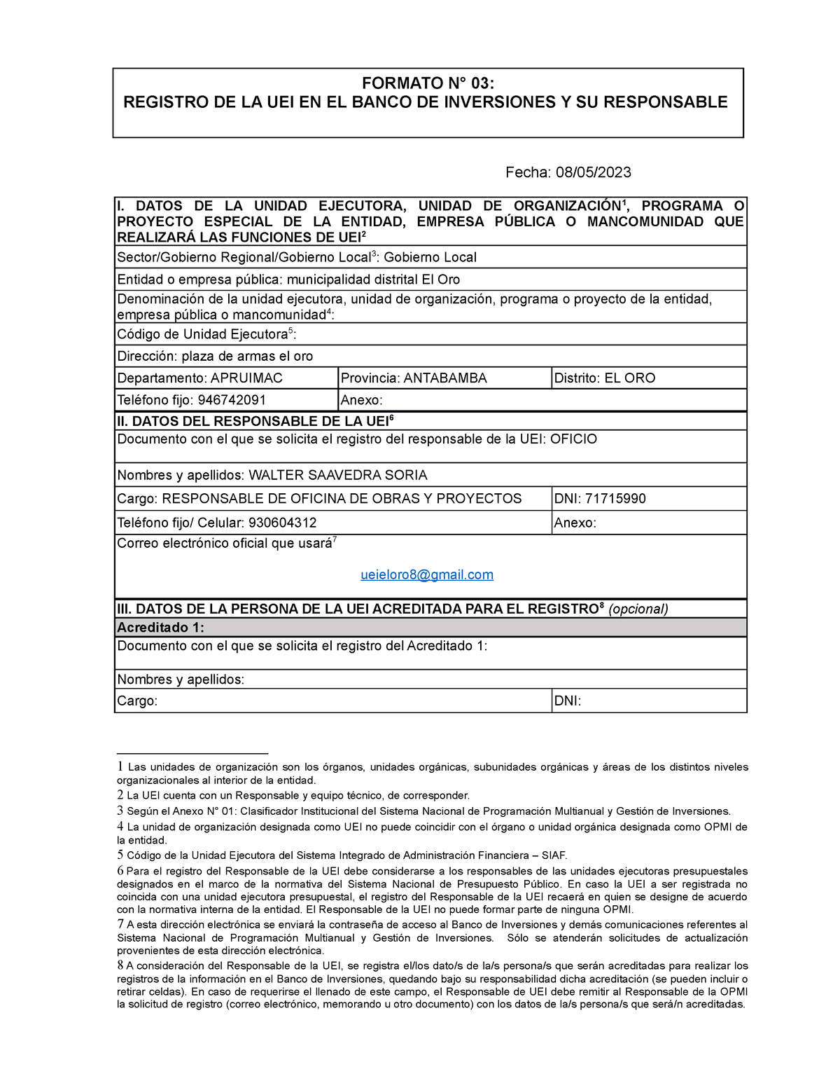 Formato 3 Directiva 001 2019 EF6301 - Fecha: 08/05/ I. DATOS DE LA ...