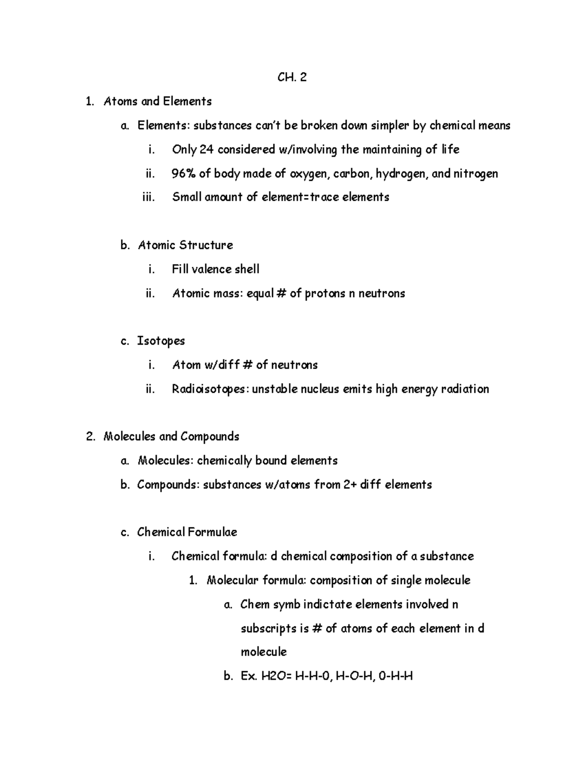 Chapter 2 book notes - CH. 2 Atoms and Elements a. Elements: substances ...