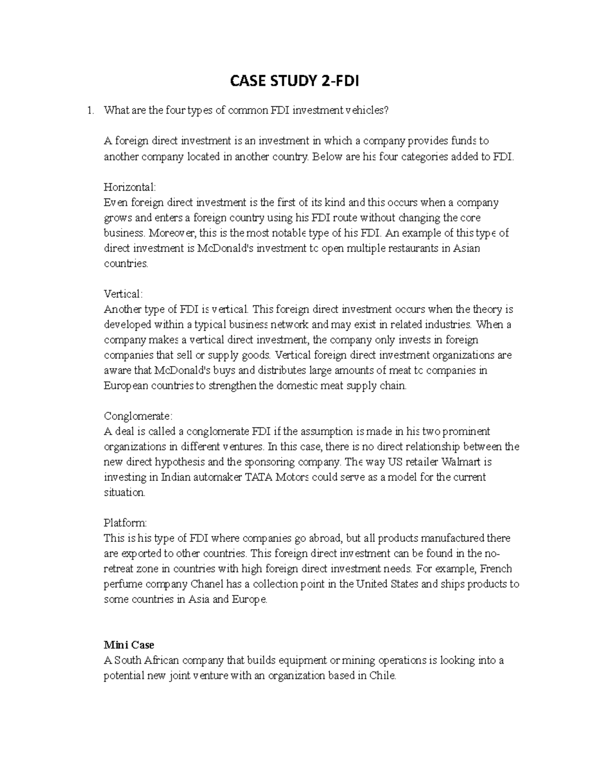 CASE Study 2 FDI - CASE STUDY 2-FDI What are the four types of common ...