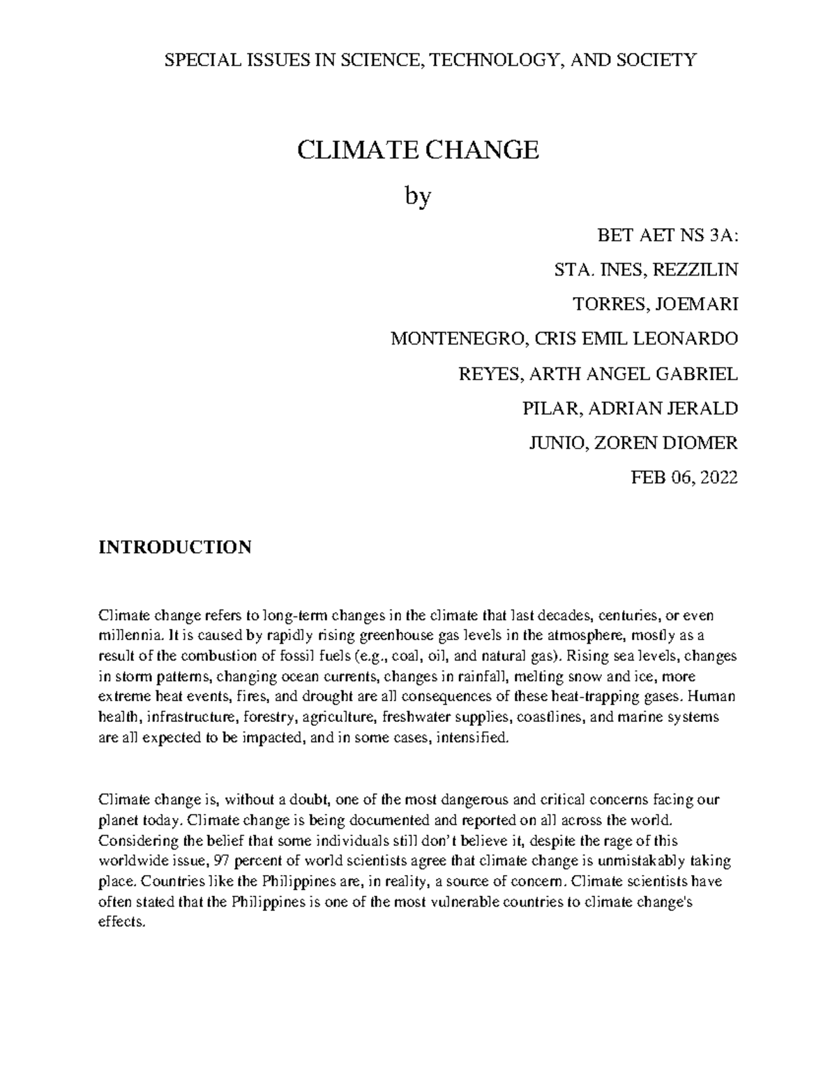 Special Issues IN Science Technology AND Society Climate Change BY