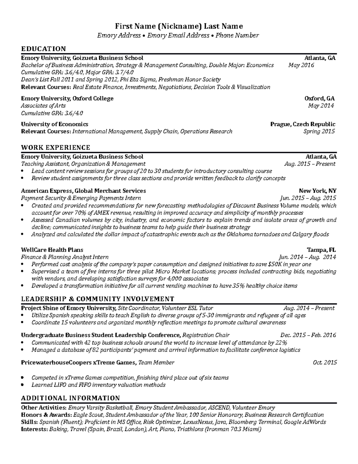 BBA Resume Template for Fall 2017 Spring 2018 First Name (Nickname