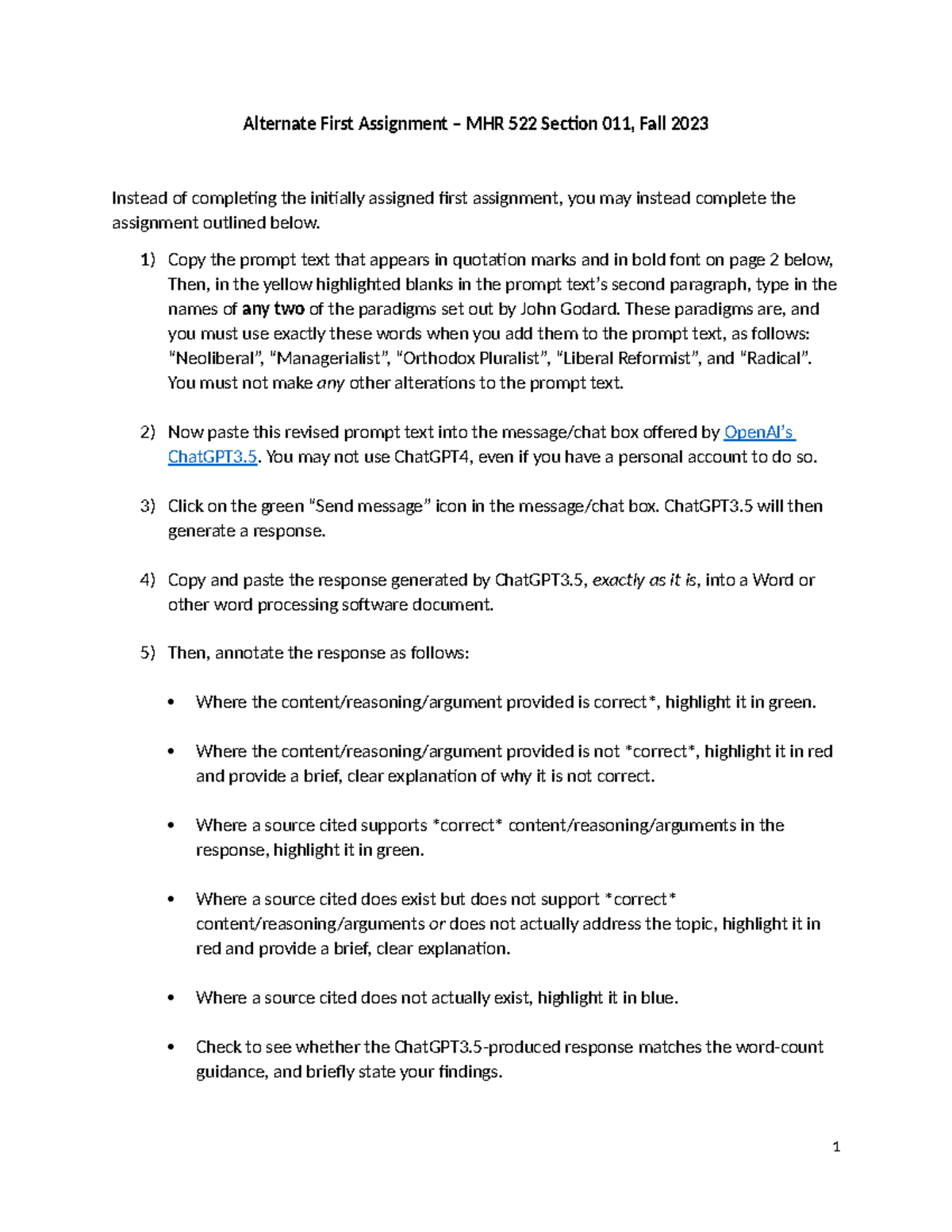 Alternate First Assignment — MHR 522 Section 011, Fall 2023 - Alternate ...