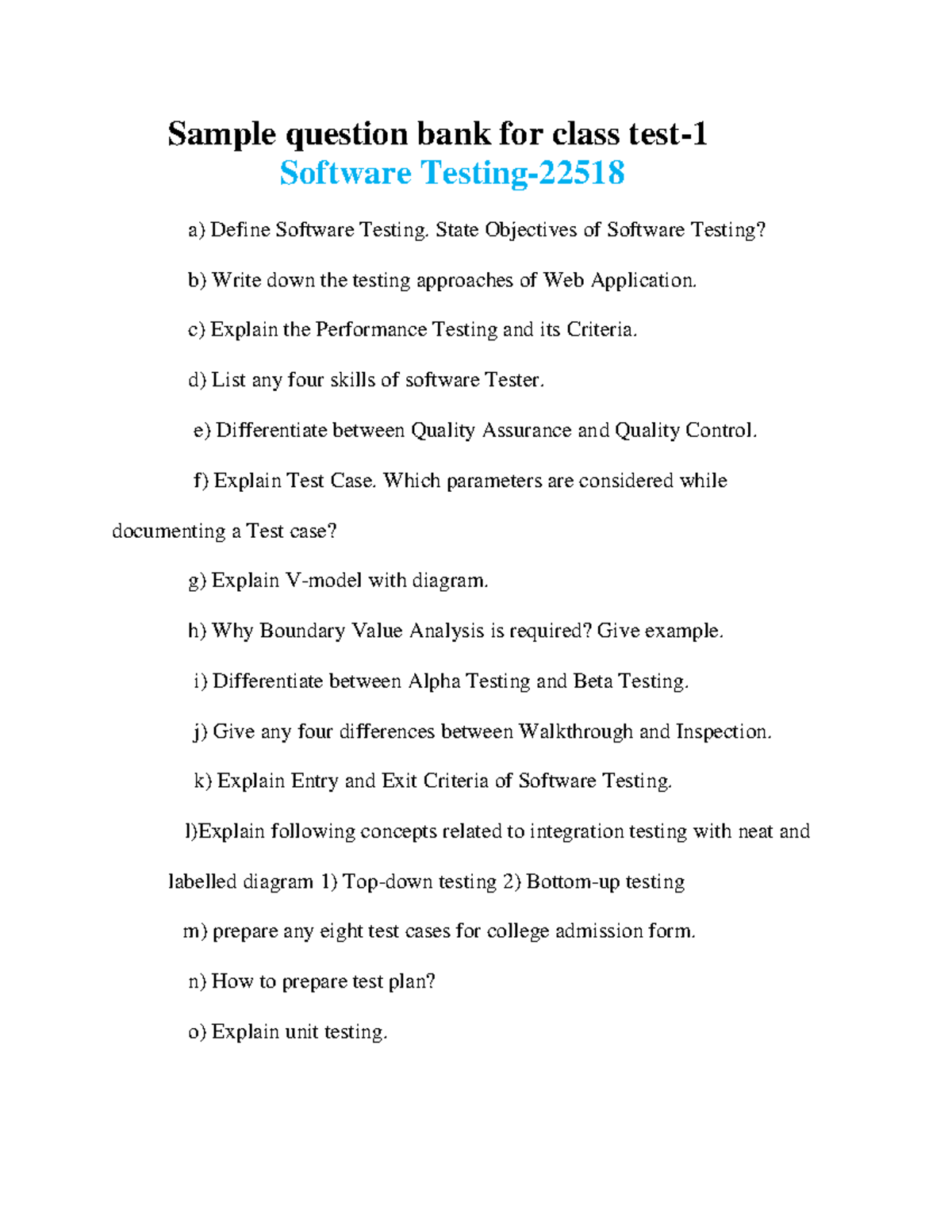 Class test 1 QB - Ste - Sample question bank for class test- 1 Software ...