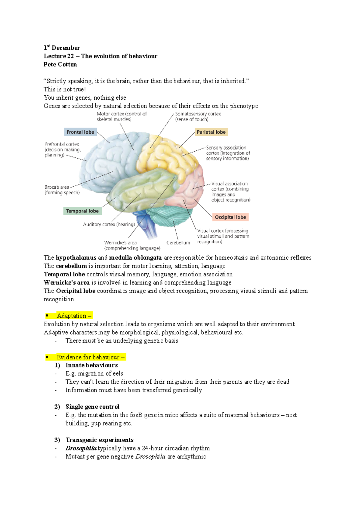 Lecture 22 The evolution of behaviour - 1st December Lecture 22 – The ...