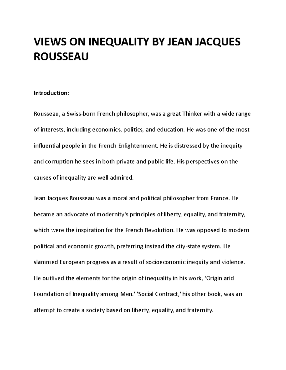 Views ON Inequality BY JEAN Jacques Rousseau VIEWS ON INEQUALITY BY