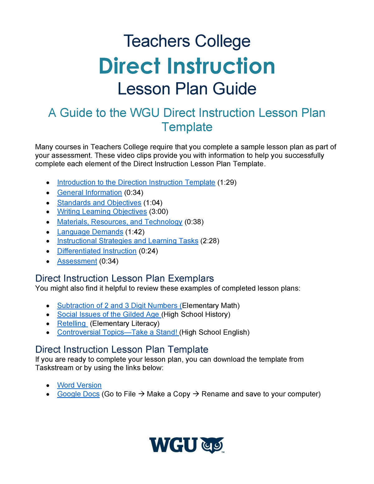 WGU Lesson Plan Guide Handout Teachers College Direct Instruction