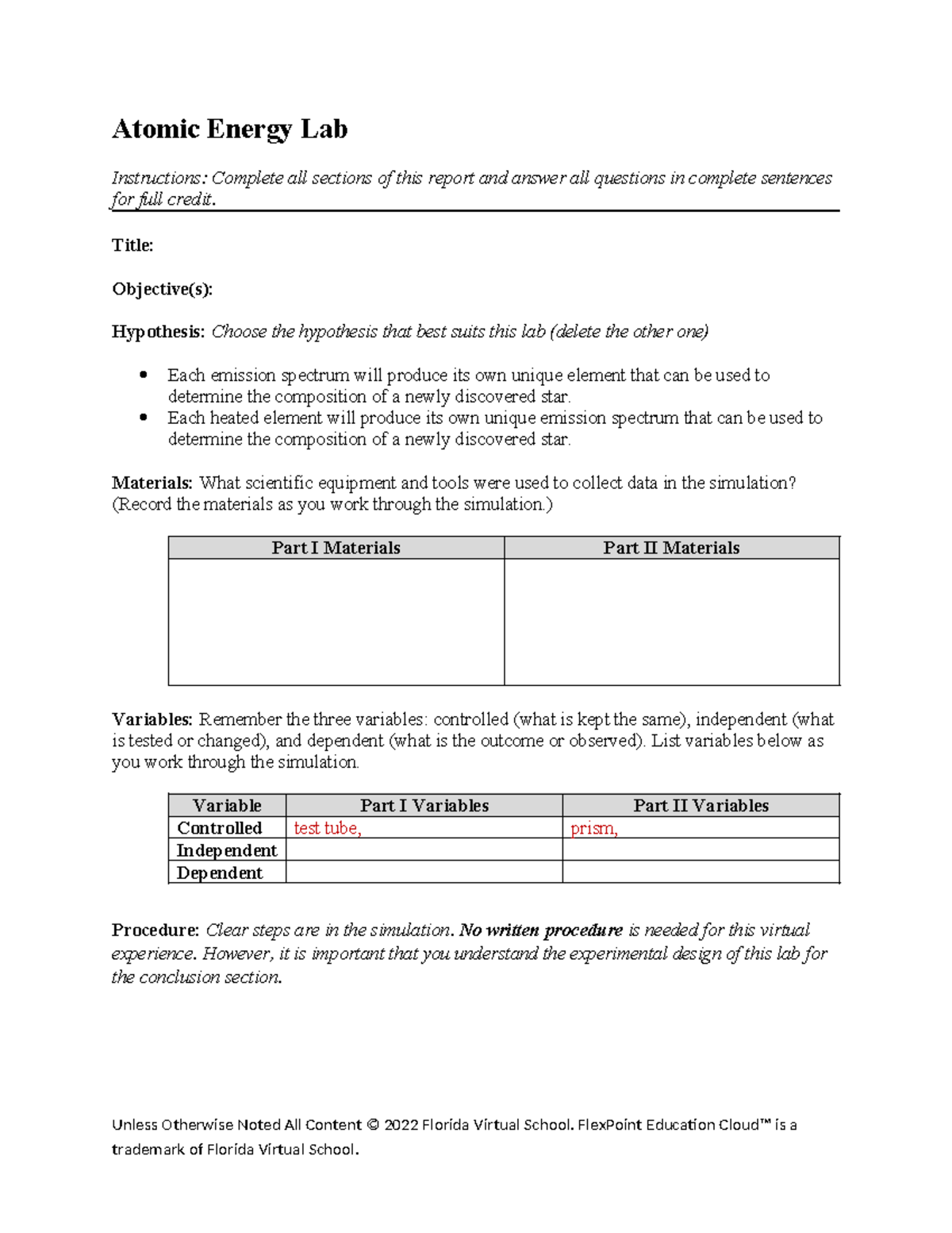 Atomic energy lab Atomic Energy Lab Instructions Complete all