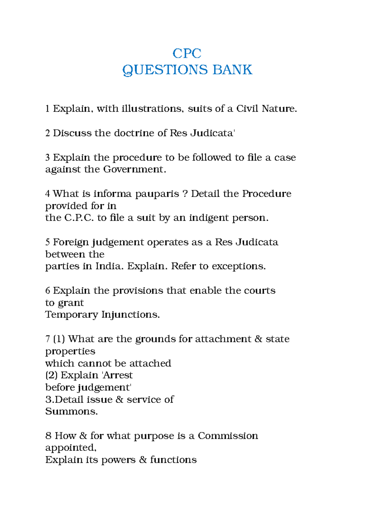 Questions BANK CPC Question Bank CPC QUESTIONS BANK 1 Explain, with illustrations, suits of