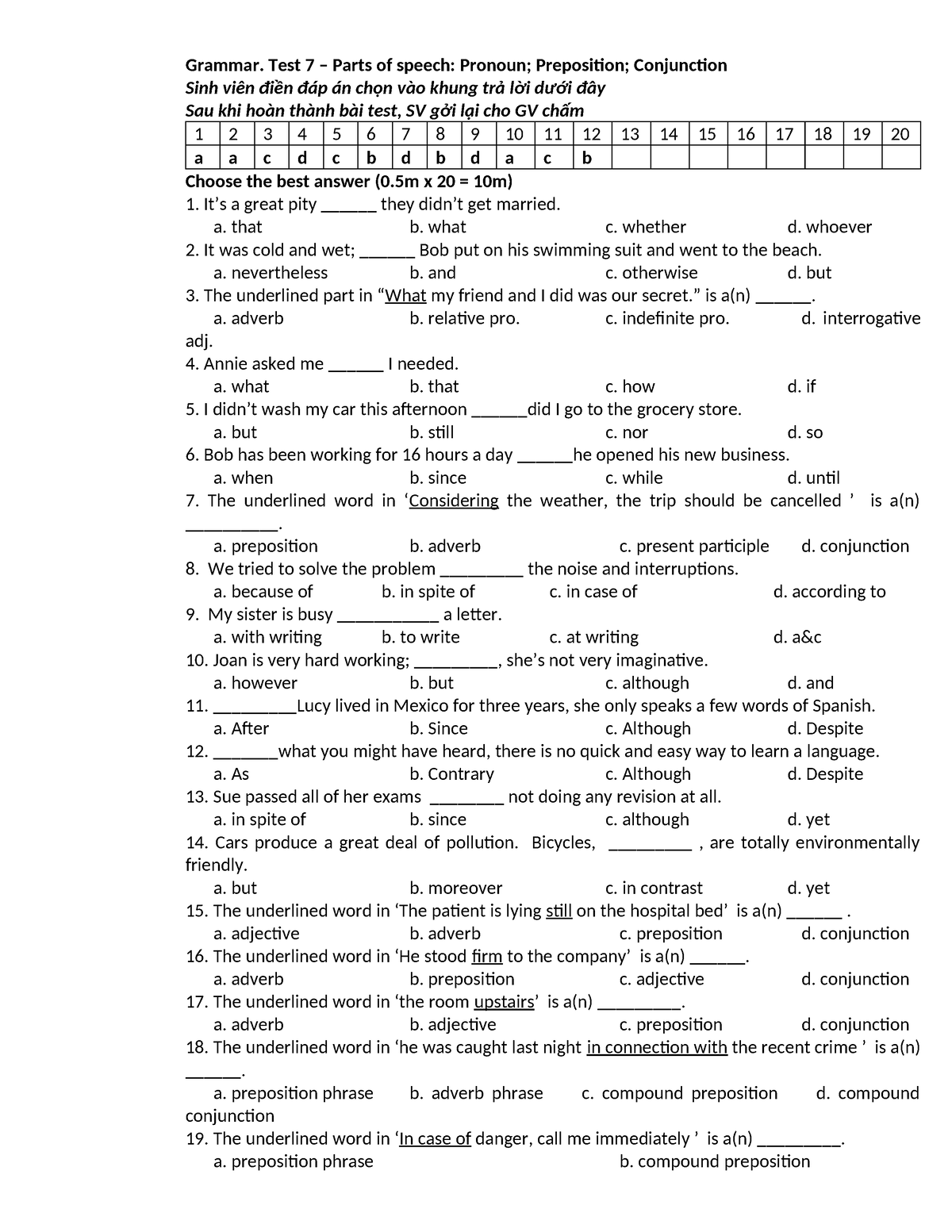 Grammar Test 7 - Gramma test - Grammar. Test 7 – Parts of speech ...