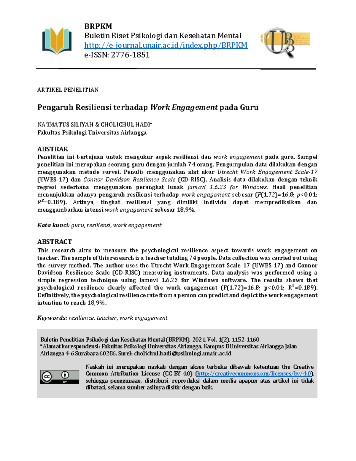 Pengaruh Resiliensi Terhadap Work Engagement Pada Guru - BRPKM Buletin ...